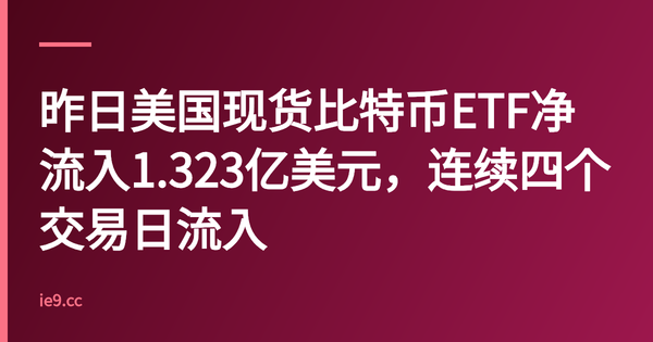 昨日美国现货比特币ETF净流入1.323亿美元，连续四个交易日流入