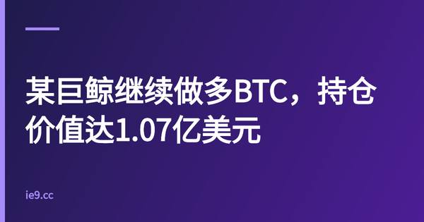 某巨鲸继续做多BTC，持仓价值达1.07亿美元