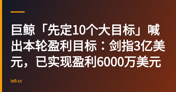 巨鲸「先定10个大目标」喊出本轮盈利目标：剑指3亿美元，已实现盈利6000万美元